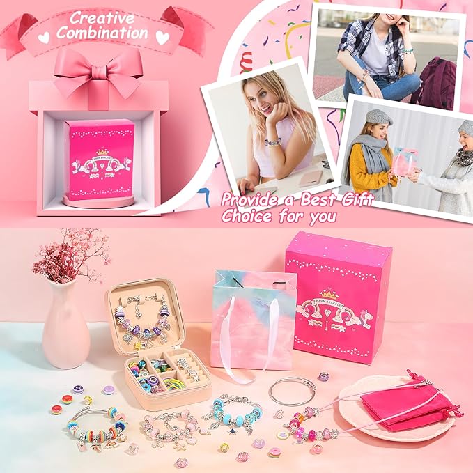 LifeisLuck Charm Bracelet Making Kit, 140 PCS DIY Craft Bead Sets Jewelry Making Kit, Portable Bracelet Organizer Gift Box for Teenage Birthday Christmas Stocking White Elephant Gift Exhange