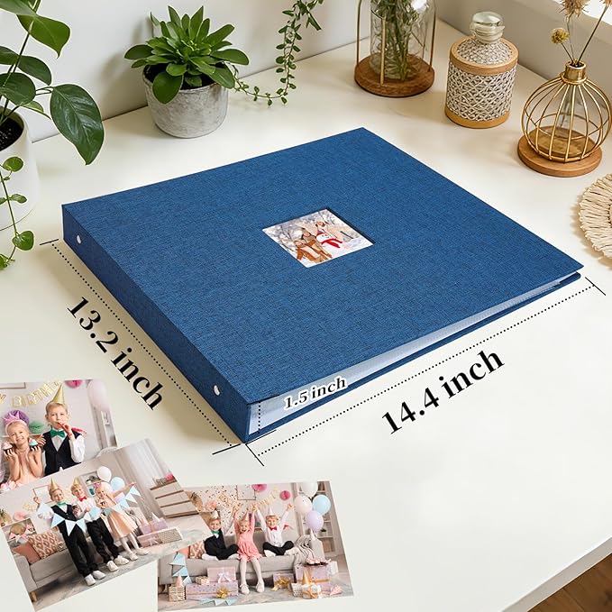 Hiwhy 12x12 Inch Large 3 Ring DIY Scrapbook Photo Album, Linen Cover Scrapbook with 20 Sheets Plastic Sleeves 40 Pages Memory Book for Wedding Birthday Baby Family (Navy)