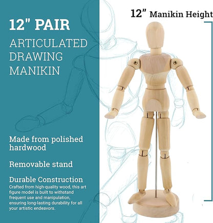 U.S. Art Supply 12" Wooden Male & Female Manikin Posable Figures for Drawing - Articulated Mannequin with Base and Flexible Body for Drawing The Human Figure