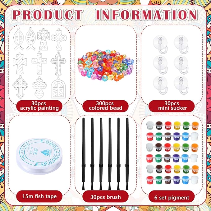 WinnerWhy 30 Sets Easter Christian Ornaments Kits Bulk, DIY Cross Suncatchers Window Art Religious Crafts Paint Your Own Cross Window Home Ornaments for Party Decor