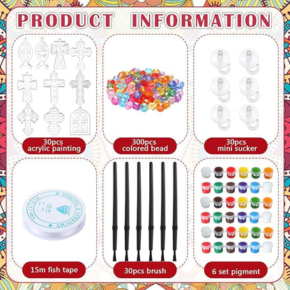 WinnerWhy 30 Sets Easter Christian Ornaments Kits Bulk, DIY Cross Suncatchers Window Art Religious Crafts Paint Your Own Cross Window Home Ornaments for Party Decor