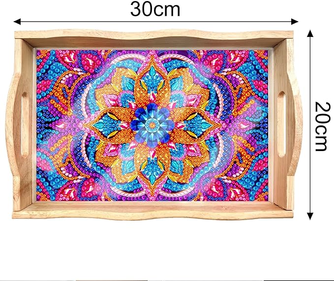Generic DIY Art Painting Wooden Tray Kit, Food Tray with Handle Diamond Painted Table Decoration Tray, for Breakfast, Bar Dinner Table Diamond Dots Gem Painting Art Set for Beginners (#02-Mandala)