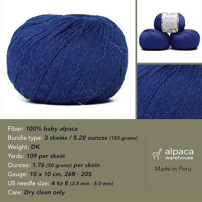 100% Baby Alpaca Yarn Wool Set of 3 Skeins (150 Grams) DK Weight - Made in Peru - Heavenly Soft and Perfect for Knitting and Crocheting (Azure Blue, DK)