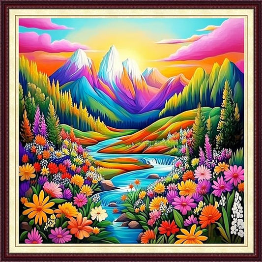 DMCCRAFT Stamped Cross Stitch Kits for Adults 11CT Printed Cross-Stitch Patterns Embroidery Kits Easy Cross Stitching Needlepoint Kits&Mountains, Rivers, Flowers and Plants 18x18 inch