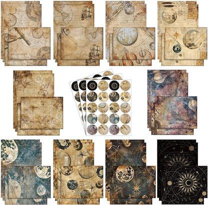 TaoBary 160 Pcs Stationery Paper Set 50 Double Sided Stationery Papers with 50 Matching Envelopes and 60 Round Dot Sticker, 10 Design(Space Spoon,5.5 x 8.25 Inch)