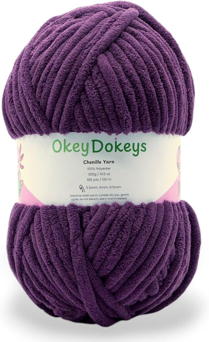 Okey Dokeys 300g Jumbo Velvet Chenille Yarn 7 Jumbo – Plush, No-Fray, Durable Plushies, Posh Soft Crochet Projects Beginner Friendly (130 yds) (Grape Juice Purple (106), 1 Pack (17.90/Skein))