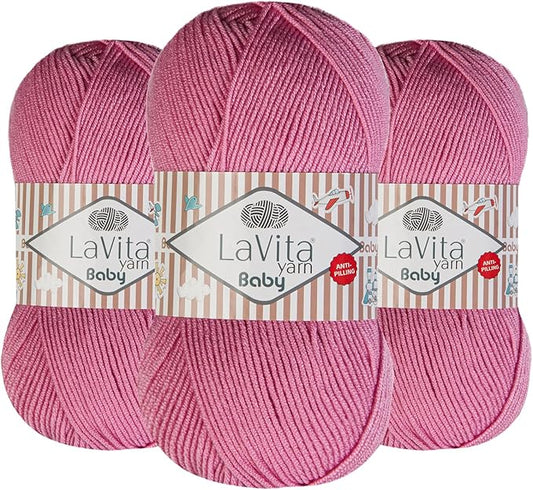 LaVita Baby Premium Anti-Pill Acrylic Yarn - 820 Yards, 3 x 3.5 oz - Warm, Airy Fiber with Silky Texture - Oeko-TEX Certified, Durable, Lightweight, Long-Lasting, Solid Pastel Colors - 3 Skeins Pack