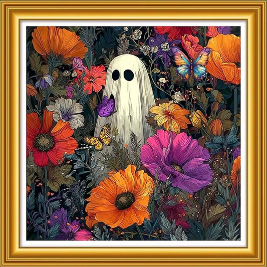 Foxhool Stamped Cross Stitch Kits,11CT Printed Cross Stitch Pattern Full Embroidery Kits for Beginner Needlepoint Kits& Colorful Flower Ghost 18x18 inch
