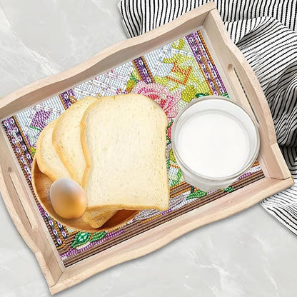 DIY Diamond Art Wooden Tray Kit, Food Tray with Handle, Diamond Painted Table Decoration for Breakfast, Bar Dinner Table, Diamond Dots Gem Painting Art Set for Beginners (#06-Rose)
