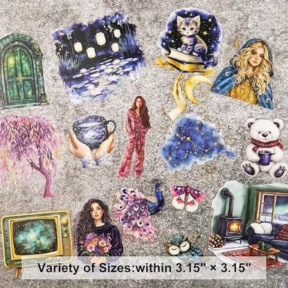 AuriicLeaf Fantasy Night Dream PET Stickers Set, 180Pcs Mystical Celestial Stickers for Journaling, Scrapbooking, DIY Crafts, Planners, and Collage Art