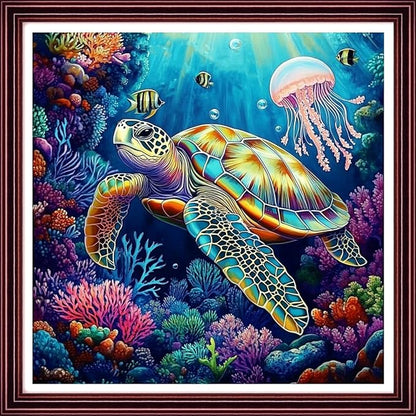 DMCCRAFT Stamped Cross Stitch Kits for Adults 11CT Printed Cross-Stitch Patterns Embroidery Kits Easy Cross Stitching Needlepoint Kits Crossstitch-Sea Turtle Jellyfish 18x18 inch