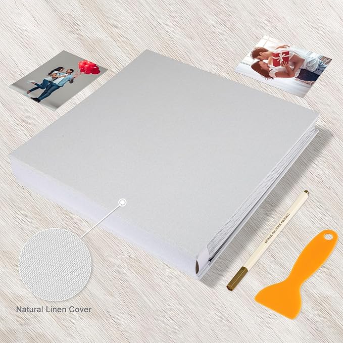 Photo Album Self Adhesive Pages Black Sticky Pages Large Scrapbook Linen Cover for 4x6 5x7 8x10 Pictures Album de Fotos Wedding Couples Baby Family Memory Book, 13.2x12.8 White 120 Pages