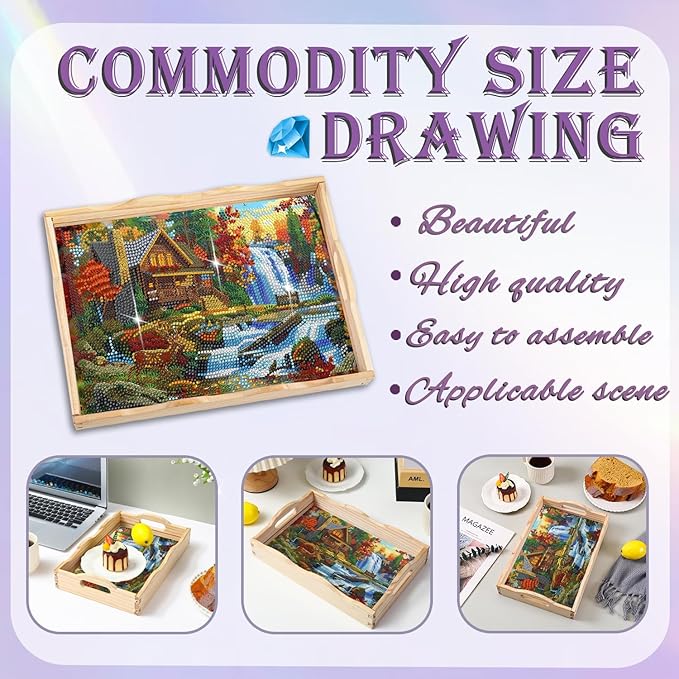 EWJRNSF Diamond Art Kits for Adults Wooden Serving Trays with Handles, 5D Diamond Painting Big Gem Arts and Craft Gifts Trays Decor Gift Home Decor 12.2x16.1 Inches Landscape A