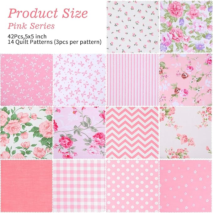 42 Pcs Pink Charm Packs for Quilting, 5x5 Inch Precut Cotton Quilting Fabric Squares, Floral Cotton Fabric for Sewing Patchwork DIY Crafts