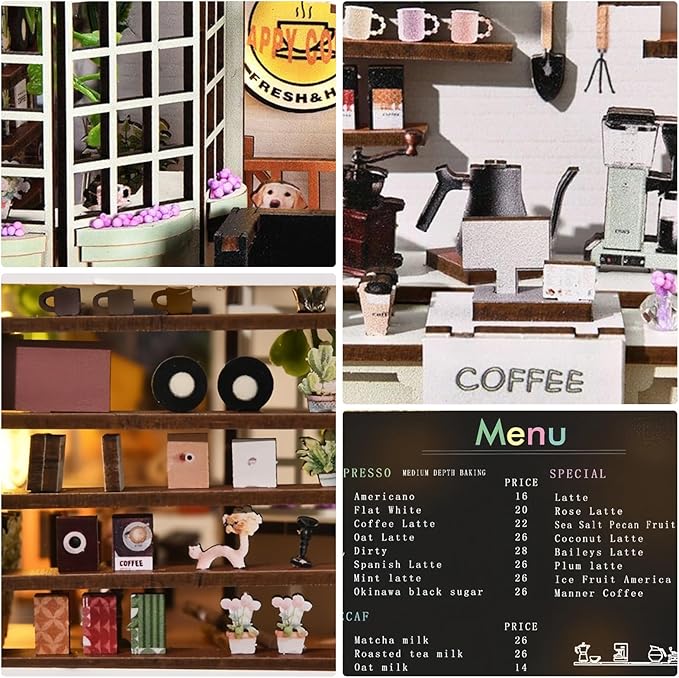 Foyucool DIY Book Nook Kit, Miniature Bookshelf Decor with LED Lights, Laser-Cut Wooden Craft Set for Adults, Creative Gift for Christmas, Birthday, Coffee Garden