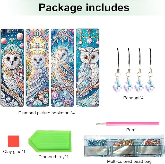 4-Piece DIY 5D Diamond Painting Bookmark Kits, Owl Special Shaped Crystal Rhinestones Book Marks, Handmade Diamond Art Bookmarks with Crystal Pendant Tassels, Decorative Craft Gift Set for Adults
