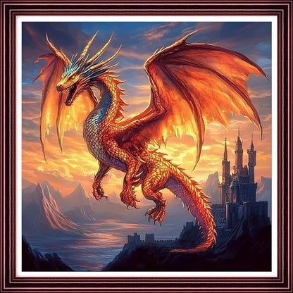 Stamped Cross Stitch Kits for Adults 11CT Printed Cross-Stitch Patterns Embroidery Kits Easy Cross Stitching Needlepoint Kits Crossstitch-Flying Dragon in The Sky Castle 18x18 inch