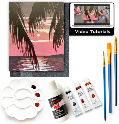 Painting4Real DIY Art Painting Kit for Adults – Learn to Paint Tropical Sunset with Video Tutorials – 9 Pieces Acrylic Paint Set for Adults –Perfect Christmas Crafts & Holiday Gifts for Art Lovers