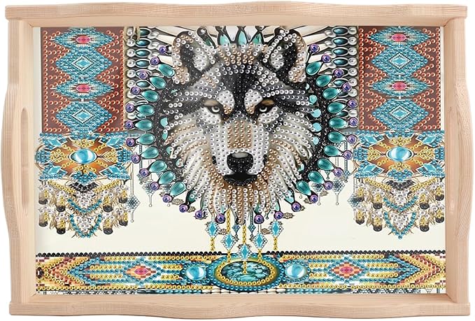 JISHSHAY Diamond Art Serving Tray Diamond Painting Food Tray Gem Art Serving Platter Gem Painting Mosaic Kits for Adults DIY Kits for Adults, with Wood Handle 20×30cm/7.87×11.81in, Wolf