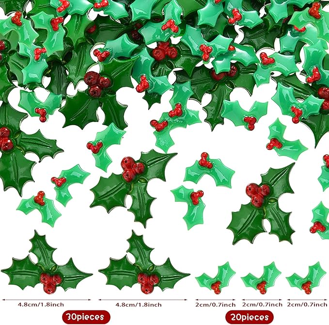 50 Pieces Holly Berries Christmas Embellishments Flatback Green Leaves Resin Charms Cute Charms Wreath Making Supplies Handmade Art Craft for Christmas Cards DIY Garland Scrapbook Decor