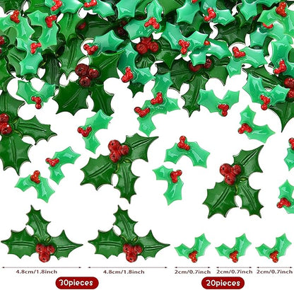 50 Pieces Holly Berries Christmas Embellishments Flatback Green Leaves Resin Charms Cute Charms Wreath Making Supplies Handmade Art Craft for Christmas Cards DIY Garland Scrapbook Decor
