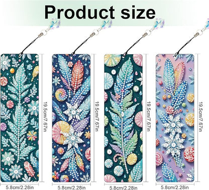 4 Pcs DIY 5D Diamond Painting Bookmark Kits, Special Shaped Acrylic Crystal Rhinestones Book Marks, Feather Diamond Art Bookmarks Crafts with Crystal Pendant, Handmade Tassel Bookmarks Gift Set