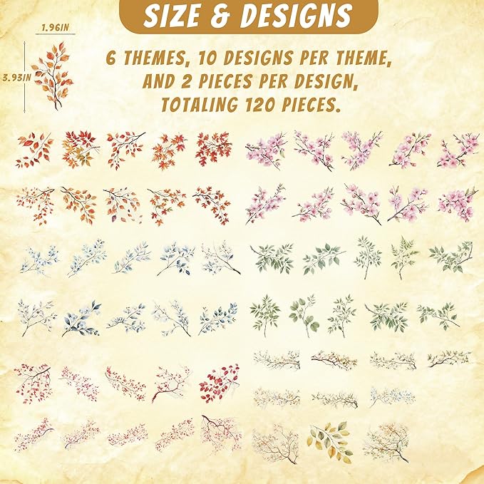 120 pcs Branches Stickers Set for Scrapbook Supplies, Leaf Scrapbook Stickers, Natural Leaf Sticker for Scrapbooking, Planner, Junk Journal, Bullet Journals