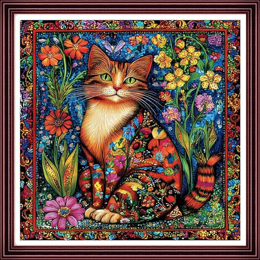 Redxing Stamped Cross Stitch Kits Full Range of Embroidery Starter Kits- Needlepoint Counted Cross Stitch Kits for Beginner Adults 11CT Printed Embroidery Kit-Magical Flower Cat 18x18 inch
