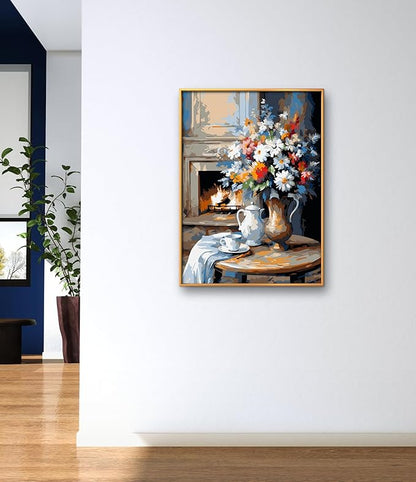 Leczany Cross Stitch Stamped Kit for Beginner - Fireplace and Flowers | DIY Embroidery Starter Patterns Craft Kit Needlepoint for Adults | 11CT, 3 Strands | 13x17.7 inches