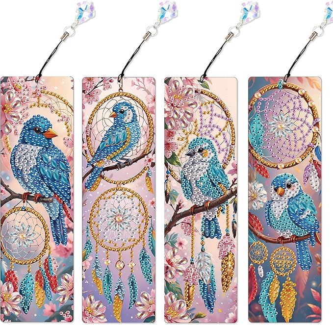 4 Pcs DIY 5D Diamond Painting Bookmark Kits for Adults, Acrylic Crystal Rhinestones Book Marks, Dreamcatcher Bluebird Diamond Art Bookmarks with Crystal Pendant, Handmade Tassel Bookmarks Gift Set