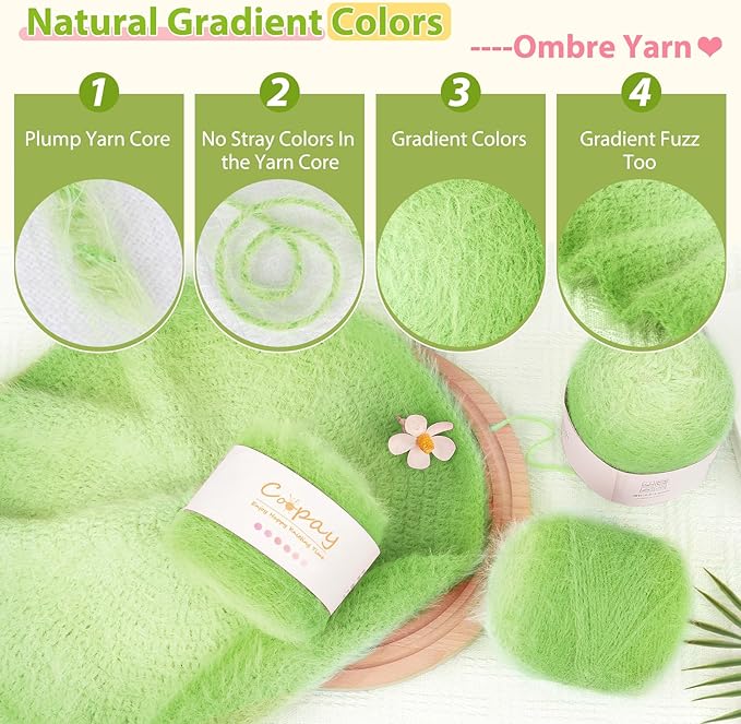 Coopay Ombre Yarn for Crocheting and Knitting - 4 Pack Dual Gradient Yarn Cake with Plush of 100g/3.52oz - 190m/207yds - 38% Wool, 40% Nylon, 22% Acrylic for Sweaters, Hats, Scarves (Cyan Duckweed)
