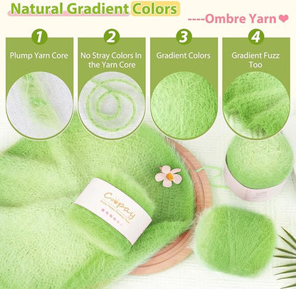 Coopay Ombre Yarn for Crocheting and Knitting - 4 Pack Dual Gradient Yarn Cake with Plush of 100g/3.52oz - 190m/207yds - 38% Wool, 40% Nylon, 22% Acrylic for Sweaters, Hats, Scarves (Cyan Duckweed)
