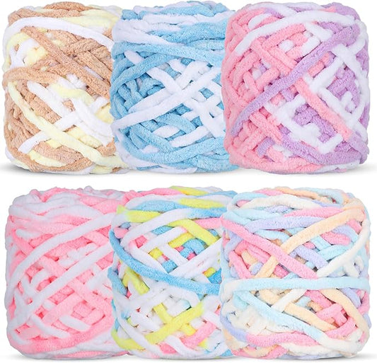 WSICSE Chenille Fluffy Yarn, Thick Chunky Blanket Yarn for Crocheting & Knitting, 6 Pack (Multicolor, 3.5 oz/100g, 55 Yards Each)