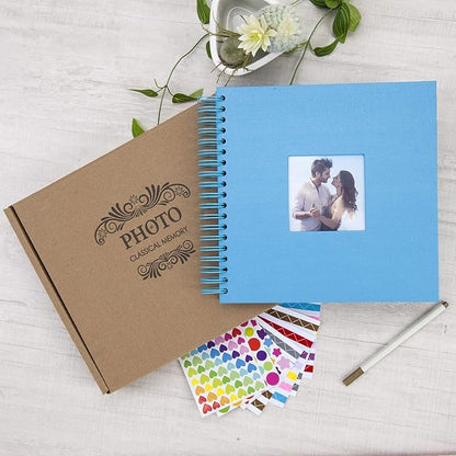 10 x 10 Inch DIY Scrapbook Photo Album with Window Design Cover 80 Pages Craft Paper Memory Book for Weeding Anniversary Travel and Baby (Blue)