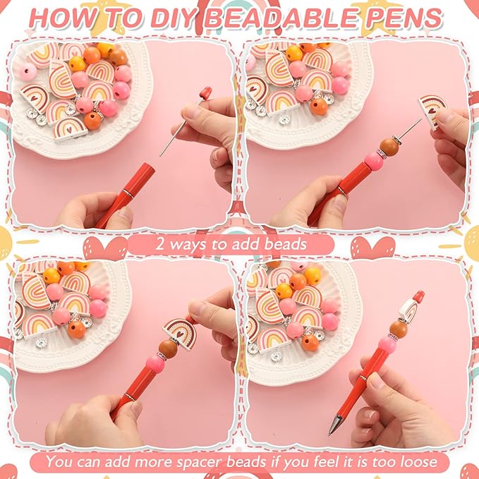 Geyee 12 Set Plastic Beadable Pens Assorted Bead Pens Crystal Wood Round Spacer Set Black Ink DIY Ballpoint for Women Men Gift Office Supplies(Rainbow)
