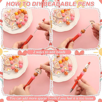 Geyee 12 Set Plastic Beadable Pens Assorted Bead Pens Crystal Wood Round Spacer Set Black Ink DIY Ballpoint for Women Men Gift Office Supplies(Rainbow)