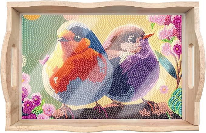 DIY Diamond Art Wooden Tray Kit, Food Tray with Handle Diamond Painted Table Decoration Tray, for Breakfast, Bar Dinner Table Diamond Dots Gem Painting Art Set for Beginners (#07-Bird)