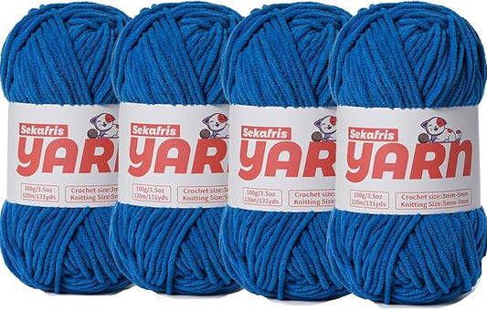 4 Pack Plush Chunky Chenille Yarn for Crocheting, Soft Fluffy Velvet Yarn for Crocheting Amigurumi, Fuzzy Baby Blanket Knitting 400g/524yds Bulky(4 Blue)