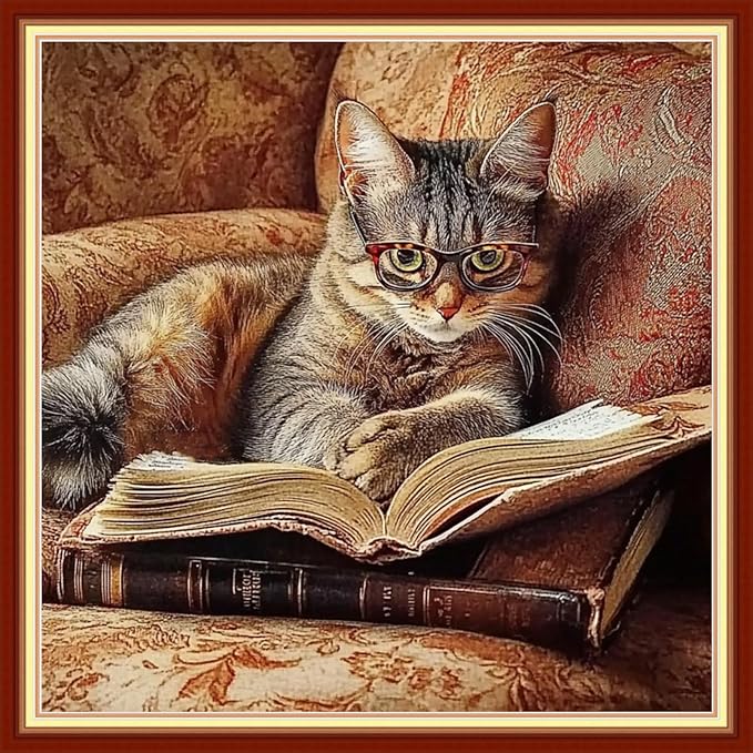 Fanxvivy Stamped Cross Stitch Kits for Beginners Full Range of Cross Stitching Preprinted Embroidery Kits for Adults, 11CT Embroidery Pattern Needlepoint Kits-A cat Reading with Glasses 18x18 inch