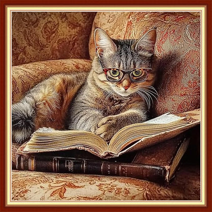 Fanxvivy Stamped Cross Stitch Kits for Beginners Full Range of Cross Stitching Preprinted Embroidery Kits for Adults, 11CT Embroidery Pattern Needlepoint Kits-A cat Reading with Glasses 18x18 inch