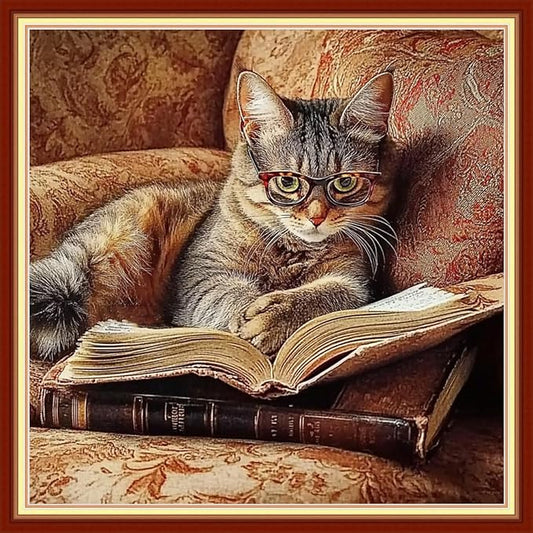 Fanxvivy Stamped Cross Stitch Kits for Beginners Full Range of Cross Stitching Preprinted Embroidery Kits for Adults, 11CT Embroidery Pattern Needlepoint Kits-A cat Reading with Glasses 18x18 inch