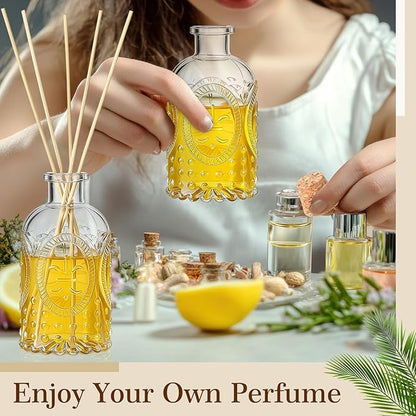 LemonRoad 2 Set Glass Reed Diffusers Bottles, Vintage Design Embossed Fleur Clear Diffuser Bottles with 50 Reeds Sticks, Cork Lids, Funnel, 200 ml 6.7 oz Empty Flower Bud Vases for DIY Fragrance