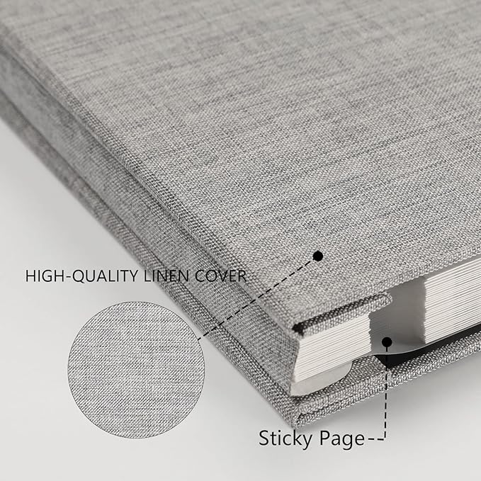 Aenbuslm Photo Album Self Adhesive Pages for 4x6 5x7 8x10 Pictures Scrapbook Magnetic Photo Albums with Sticky Pages Books with A Metallic Pen for Baby Wedding Family 11x10.6 Grey 60 Pages