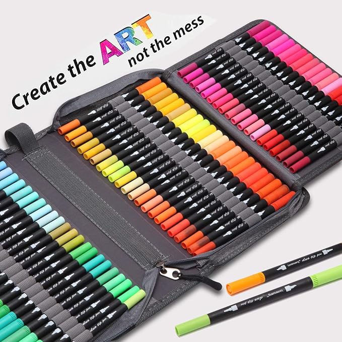 nobrand 120 Colors Duo Tip Brush Markers Art Pen Set,LANRENWENG Fine Brush Tip Colored Pens Set with Canvas Bag,Markers for Adult Coloring Books Drawing Sketching Note taking Lettering Calligraphy