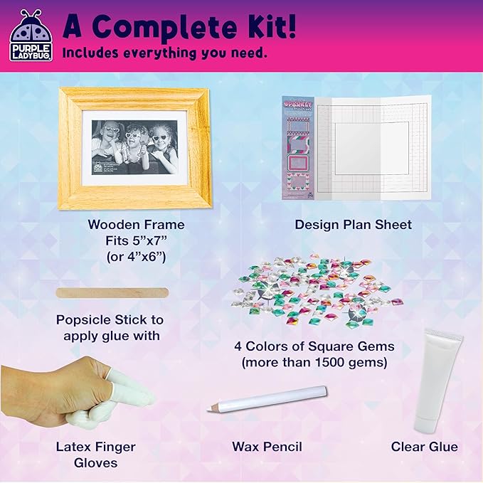 PURPLE LADYBUG Kids Picture Frame Mosaic Kit with Sparkly Gems - Fun Arts & Crafts for Girls 8-12 6-8, Great Gifts for Valentines Birthday for 6 7 8 9 10 11 12 Girls - Ideal for Sleepovers, Playdates