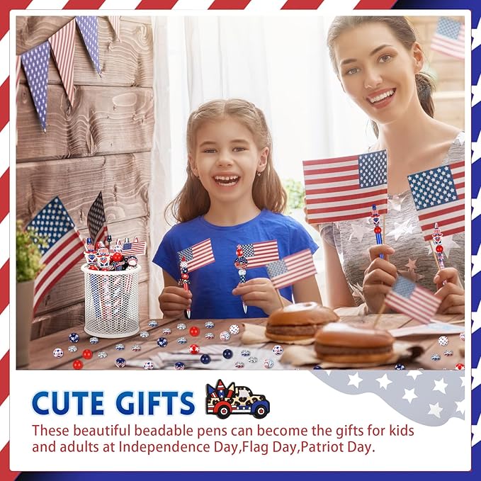 Geyee 12 Set Plastic Beadable Pens Assorted Bead Pens Crystal Wood Round Spacer Set Black Ink DIY Ballpoint for Women Men Gift Office Supplies(American Flag)