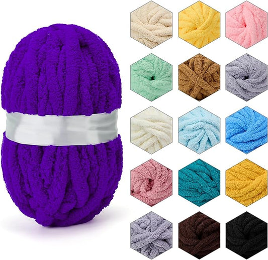 ERLYEEN Chenille Chunky Yarn Super Bulky Soft Thick Fluffy Jumbo Giant Washable Polyester Big Yarn DIY for Arm Knit Blanket Cushion Bed Sofa Home Decor,Purple,0.55LB