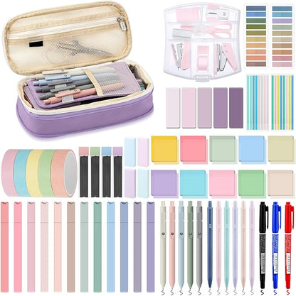 Sinload 60 Pcs Aesthetic Book Annotation Kit School Supplies Cute Pencil Case 12 Highlighter 5 Gel Pen 6 Mechanical Pencil 5 Magnetic Bookmark 1220 Pcs Sticky Note Tab Student Stationary(Purple)