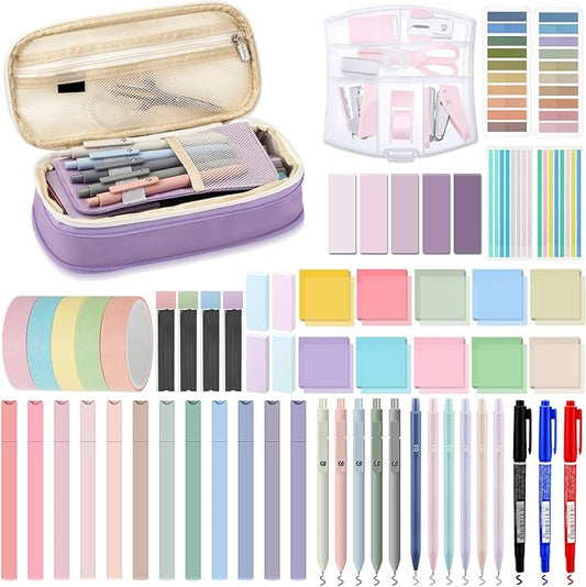 Sinload 60 Pcs Aesthetic Book Annotation Kit School Supplies Cute Pencil Case 12 Highlighter 5 Gel Pen 6 Mechanical Pencil 5 Magnetic Bookmark 1220 Pcs Sticky Note Tab Student Stationary(Purple)