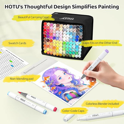 HOTU Alcohol Markers Brush Tip-120 Colors Dual Tip Art Markers for Adult Coloring, with Pro Ink, Seamless Blend, Non-Bleeding Pad & Color Card, Pens for Amateurs/Artists (Brush & Chisel Tip)
